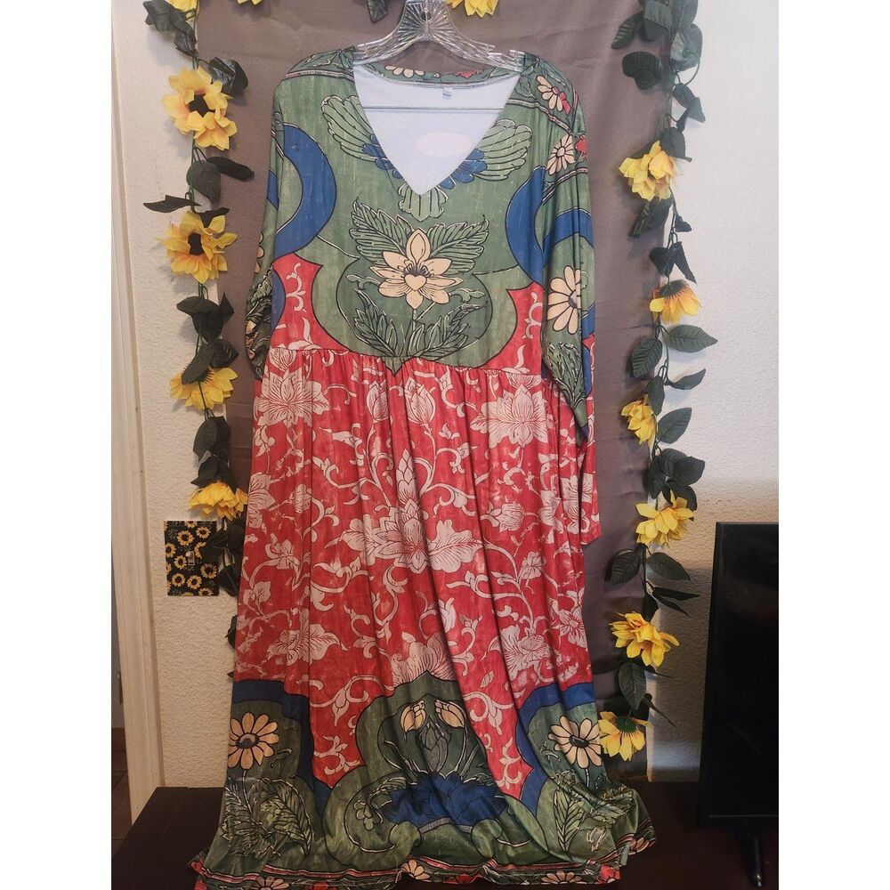 Boho Art Nouveau Floral Maxi Dress Long Sleeve V-Neck Babydoll Lounge Plus 3XL